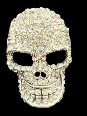 Vintage Rhinestone-Encrusted Skull Brooch Pin Silver Tone 2 Inch Sparkling State
